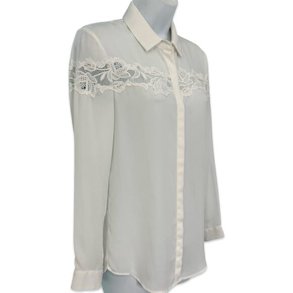 The Kooples White Floral Lace Crepe Long Sleeve Sheer Button Down Blouse Sz XS - Picture 7 of 13